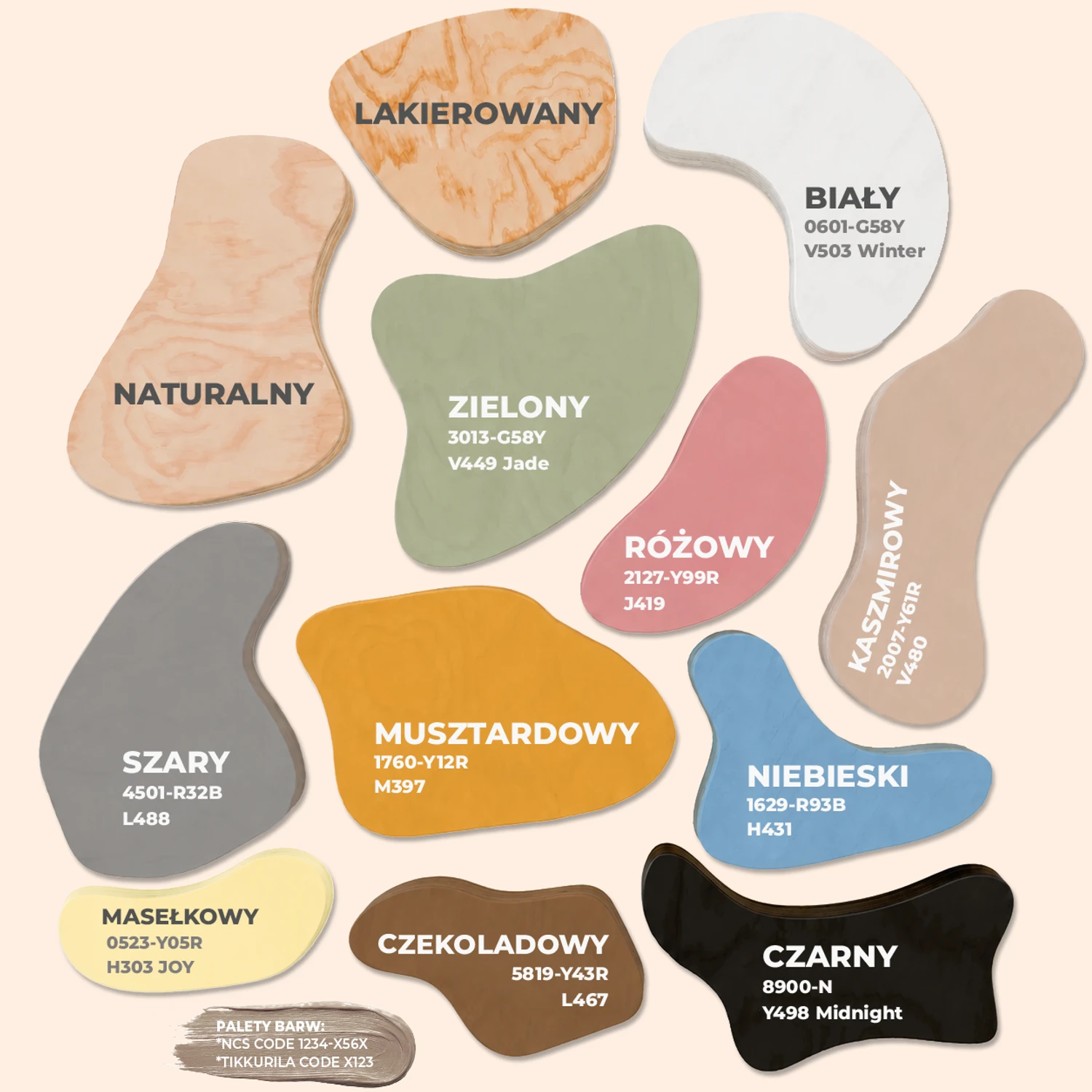Paleta barw: naturalny lakierowany biały kaszmirowy musztardowy różowy zielony niebieski czekoladowy szary i czarny